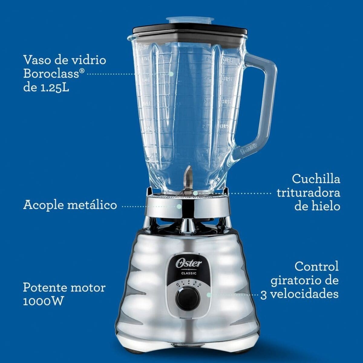 Licuadora Clásica Oster 1.25 Lt Control de Perilla 3 Velocidades 1000 W Cromada BLST4655 - Image 2