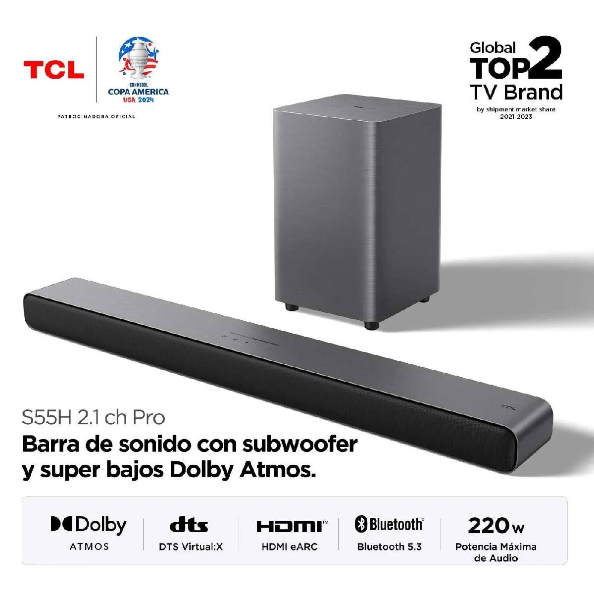 Barra de Sonido TCL 110 Watts Inhalámbrica 2.1.2 Canales S55H - Image 2